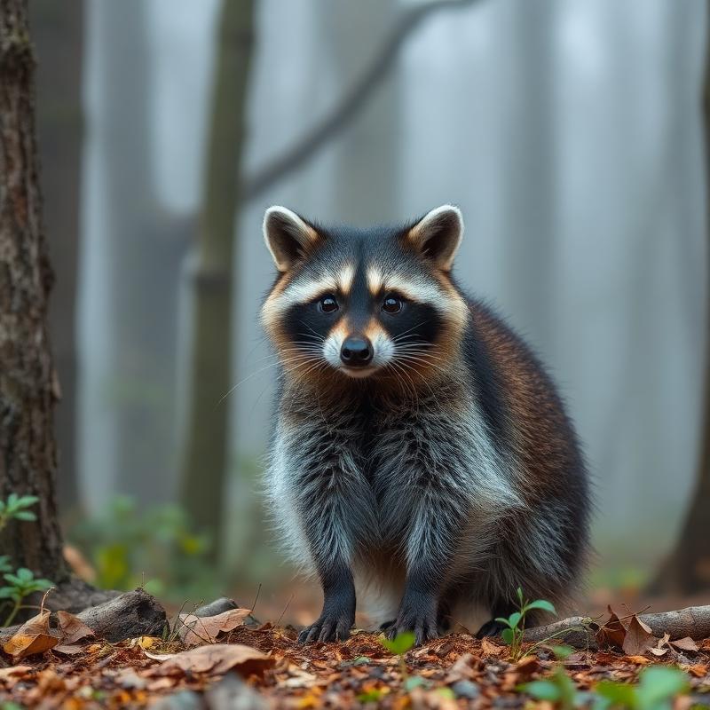 A raccoon in a misty North Georgia forest